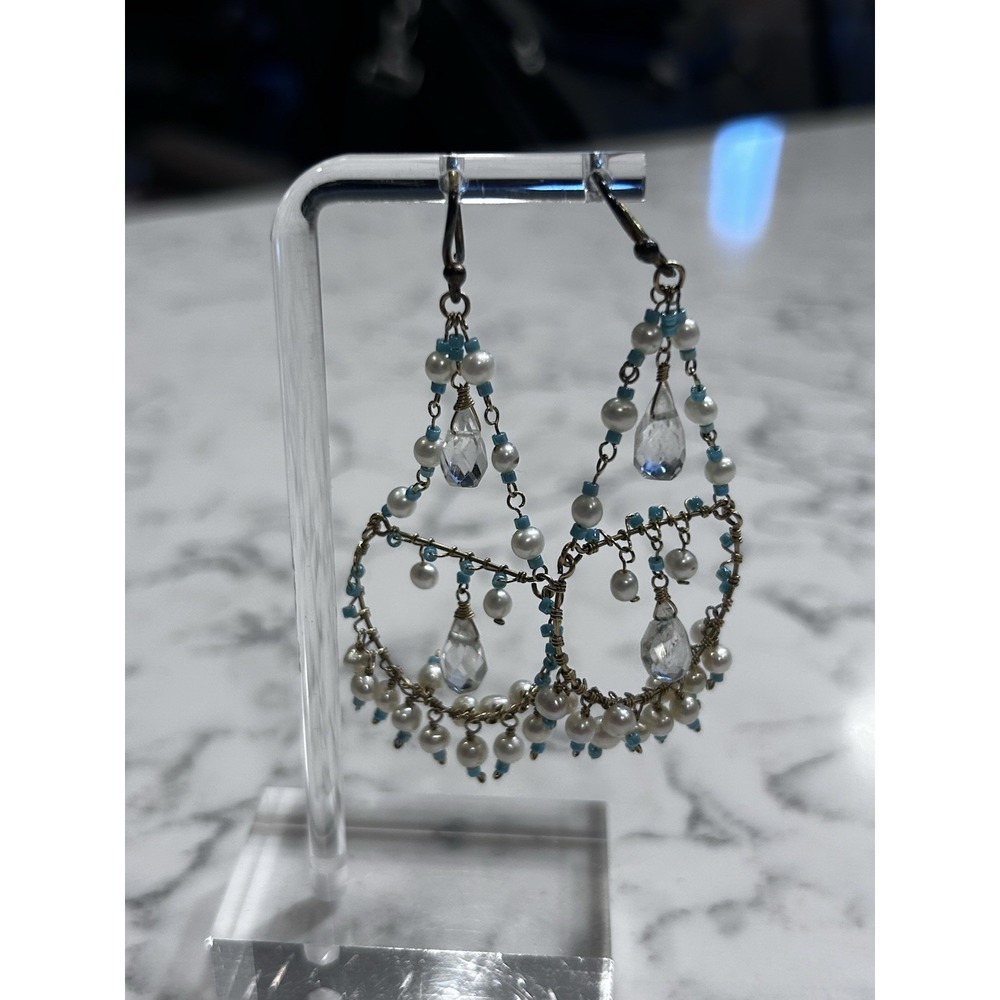 Beaded Rhinestone Turquoise Colored Faux Head Chandelier Earrings